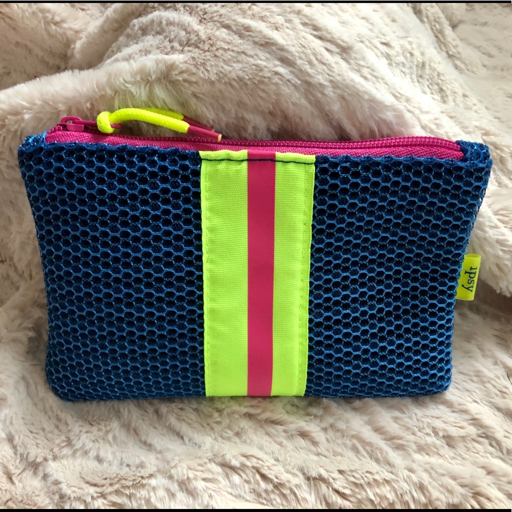 IPSY COSMETIC Bag - Blue w/ yellow pink stripe